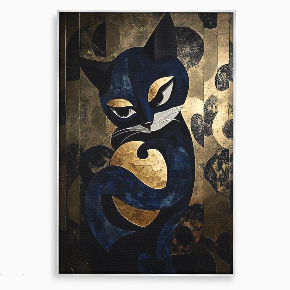 Tablou canvas cu tablou canvas cu pisica neagra si aurie, in rama de aluminiu argintiu